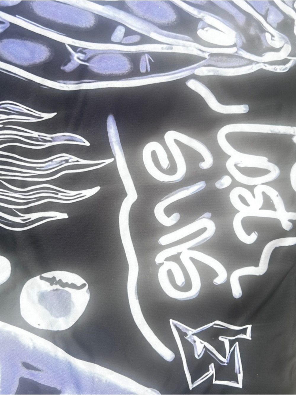 Graphic Black and Lavender Scarf with White Script